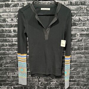 NWT Free people We the Free Black long sleeve shirt with patterned sleeves!